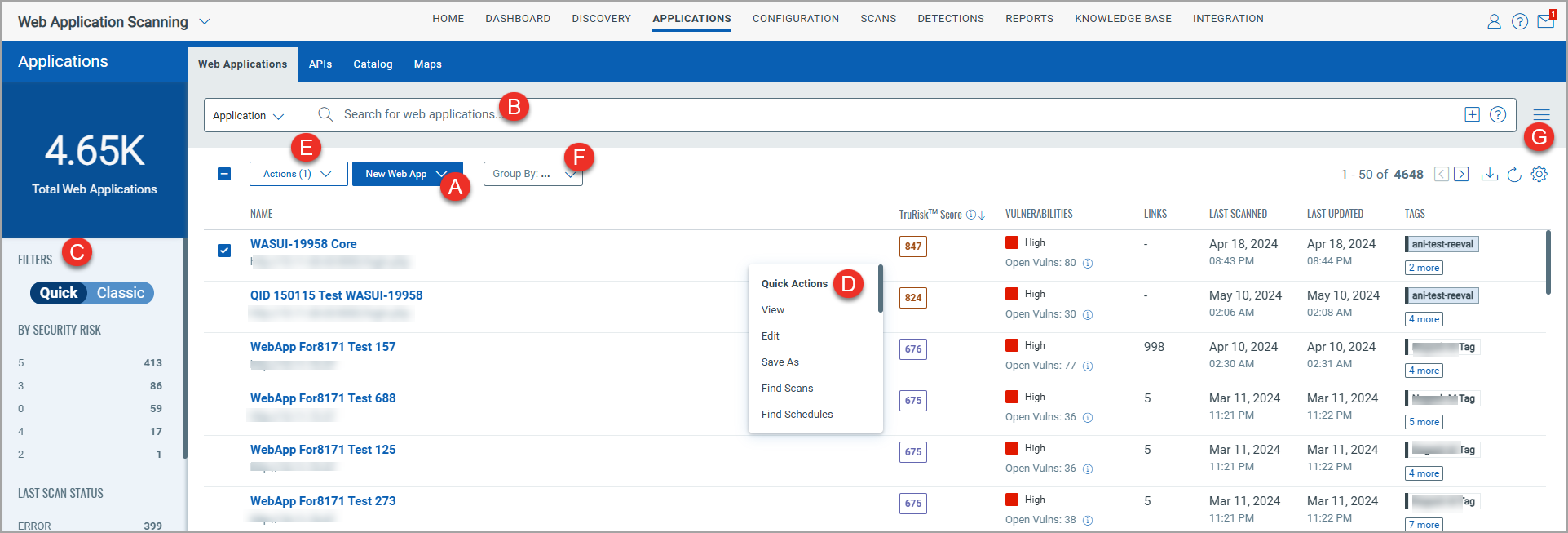 WEb application tab show web applications list.